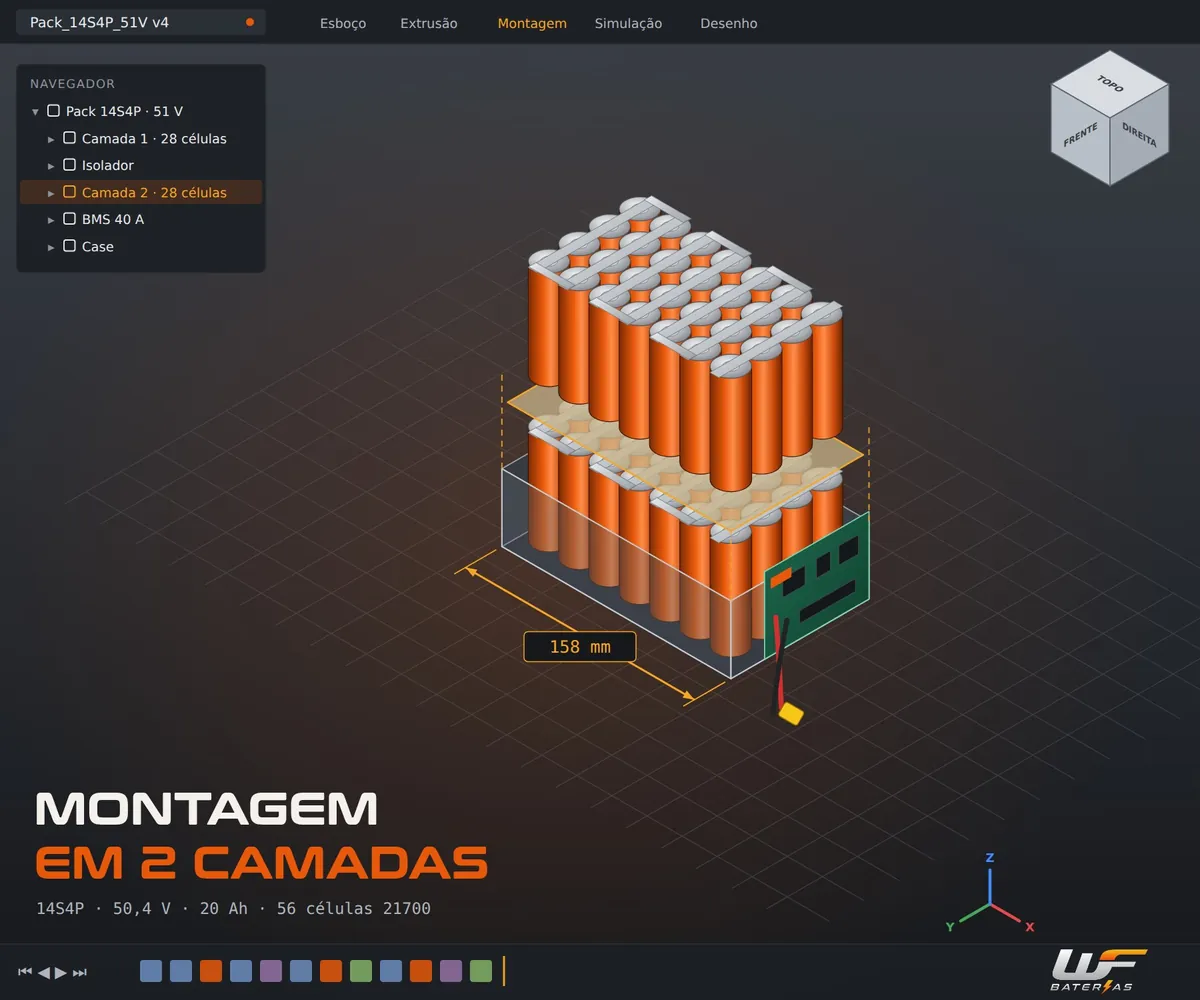 Projeto de pack de lítio sob medida em 2 camadas de células, feito pela WF Baterias