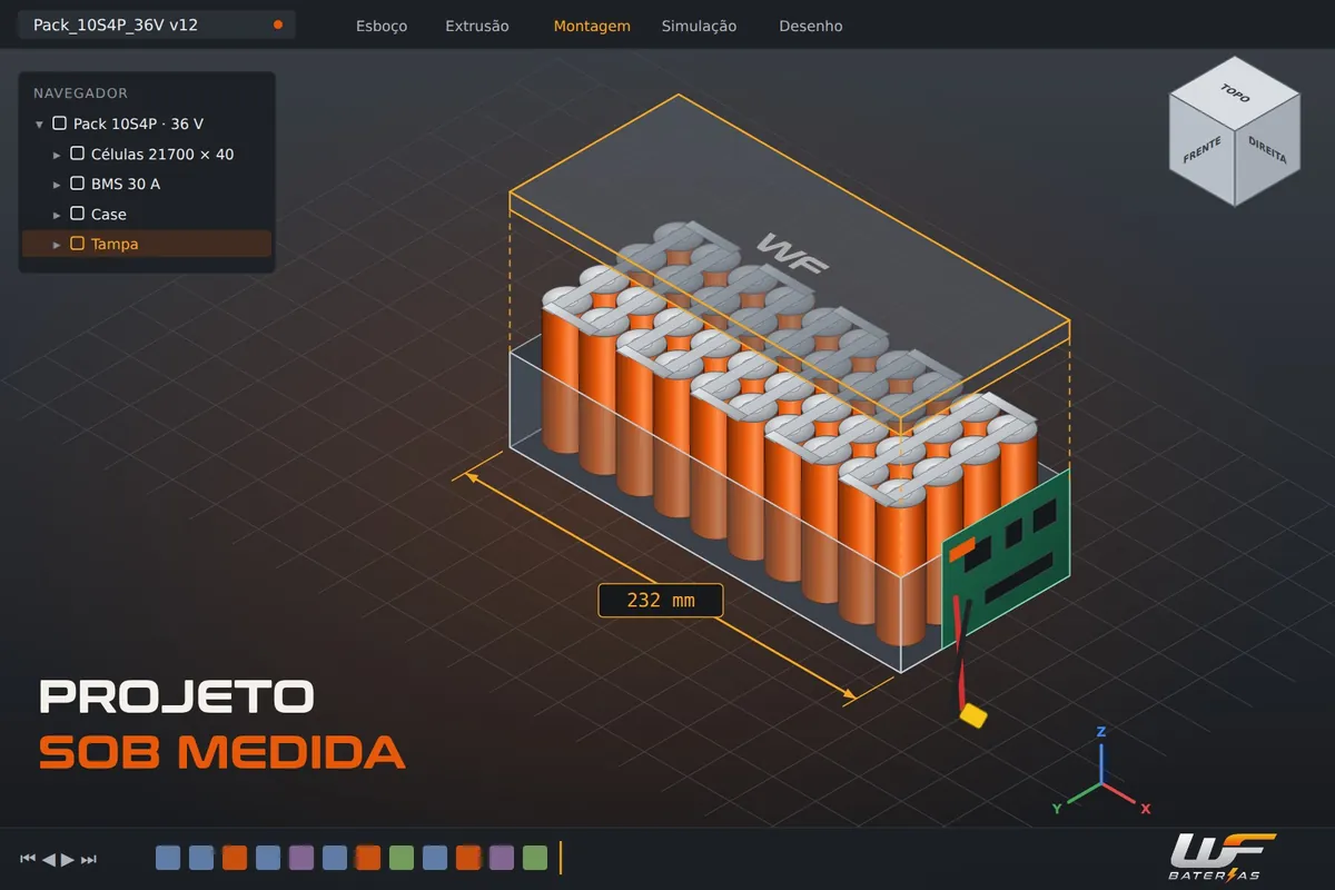 Ilustração de projeto de pack de lítio sob medida da WF Baterias: 10S4P, 36 V, 720 Wh
