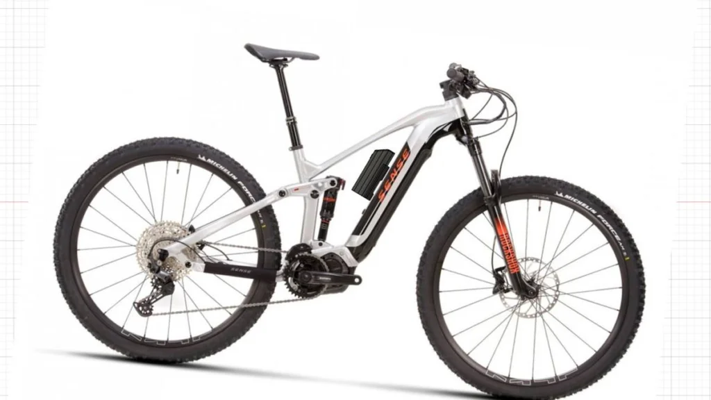 Projeção do Packbooster Mini Hex montado na Sense Impulse E-Trail Comp (2023)